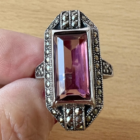 VINTAGE LARGE EMERALD CUT PURPLE PASTE CZ 925STERLING SILVER STATEMENT RING